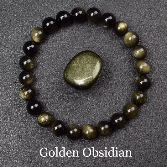 Natural Golden Obsidian Stone Beads Bracelet Men Women Golden Light Rainbow Obsidian Raw Stone round Bead Natural Energy Jewelry